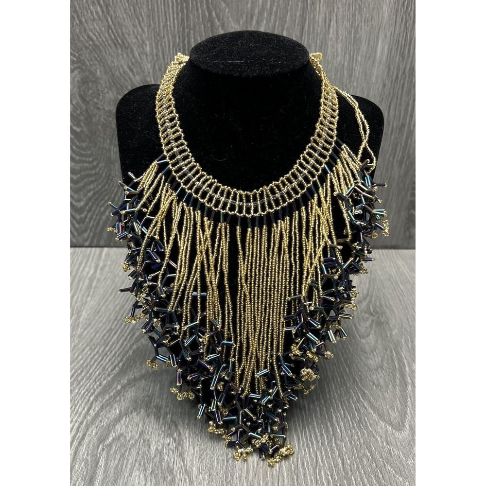 Beaded Bib Necklace Gold Tone Iridescent Dark Blue Purple Green Fringe